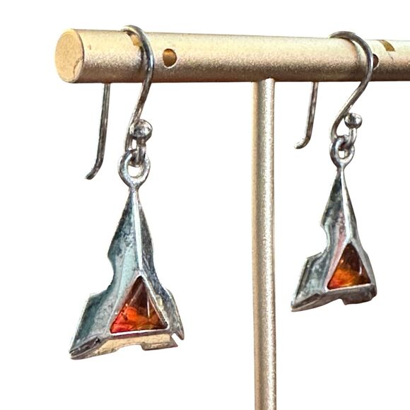 Vintage Baltic Amber Sterling Silver Triangle Dangle Earrings - Picture 1 of 7